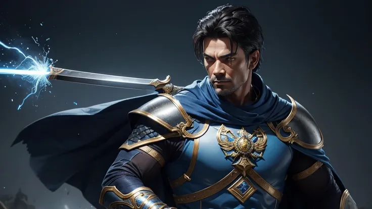 A person wearing blue clothing、Man holding a big knife,Background with sparks muscular but agile hair: Dark Brown, Short-sighted: Piercing blue Skin: weathered, Armor with scars: Unique, Holy Aura, Silver and gold trim, Complex symbols of Cape Alkay: long,...