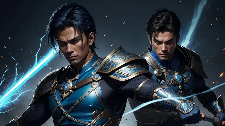 A person wearing blue clothing、Man holding a big knife,Background with sparks muscular but agile hair: Dark Brown, Short-sighted: Piercing blue Skin: weathered, Armor with scars: Unique, Holy Aura, Silver and gold trim, Complex symbols of Cape Alkay: long,...