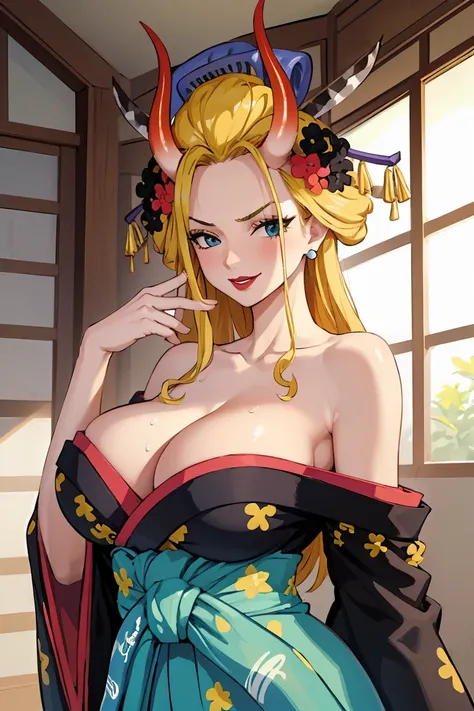 (masterpiece, best quality:1.2), solo, 1girl, blackmaria, lipstick,seductive smile,, hair stick, hair flower, horns, v-shaped eyebrows, japanese clothes, black kimono, off shoulder, earrings, bare shoulders , room, big breasts, big cleavage, close up, look...