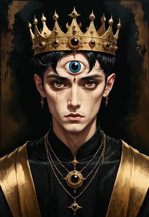 Medieval ink painting，Third Eye Vision。3d，crown，short hair，male，Dark eyeshadow，robe，whole body，Wide Angle，black and gold,Metal