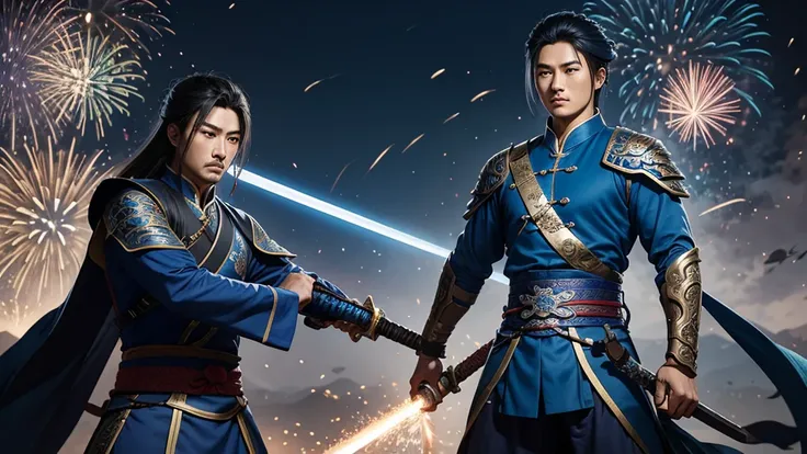 A person wearing blue clothing、man holding sword, Background with fireworks heise jinyao, zhao yun, xianxia hero, Inspired by Huang Shen, author：Yang J, G Liulian art style, Inspired by Li Kan, inspired by Guan Daosheng, Inspired by Shen Zhou, Yang Qi, Rua...