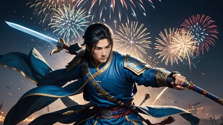 A person wearing blue clothing、man holding sword, Background with fireworks heise jinyao, zhao yun, xianxia hero, Inspired by Huang Shen, author：Yang J, G Liulian art style, Inspired by Li Kan, inspired by Guan Daosheng, Inspired by Shen Zhou, Yang Qi, Rua...