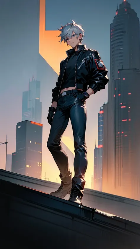 1male, steel gray hair, cropped short, piercing blue eyes, determined expression, sleek black bomber jacket, dark jeans, black leather gloves, city rooftop background with distant skyscrapers and a sunset, detailed face, hands to side, standing on path