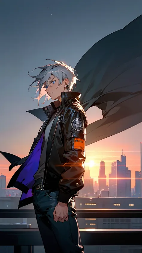 1male, steel gray hair, cropped short, piercing blue eyes, determined expression, sleek black bomber jacket, dark jeans, black leather gloves, city rooftop background with distant skyscrapers and a sunset, detailed face, hands to side, standing on path