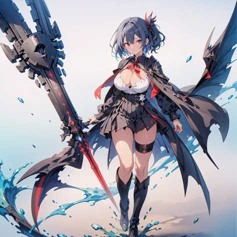 (masterpiece, Highest quality),  (Thin Hair), 非常にdetailedな, Anime Style, whole body, alone,  Black sailor suit and black pleated skirt, Vampire Hunter、Huge black and red sword、  She has blue and white hair and brown skin, and wears a tattered black cloak a...