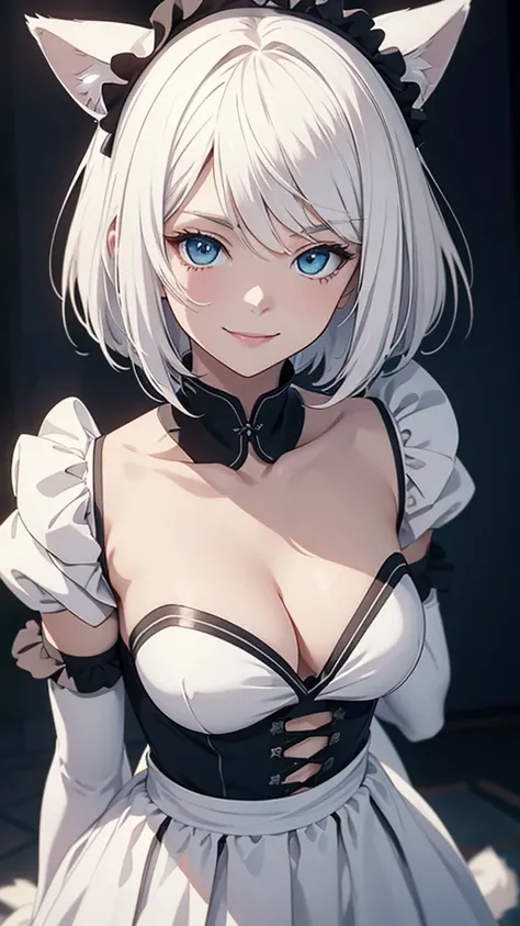 high resolution　Best image quality　8K　 Adult females　Anime style　White long gloves(Elbow gloves)　cuff　White maid outfit（Strapless）stocking　White wolf ears　short hair（（shortcut）（White hair）（Perm）（Fluffy））　blue eyes　Charming face（Smile）　Standing　Wave