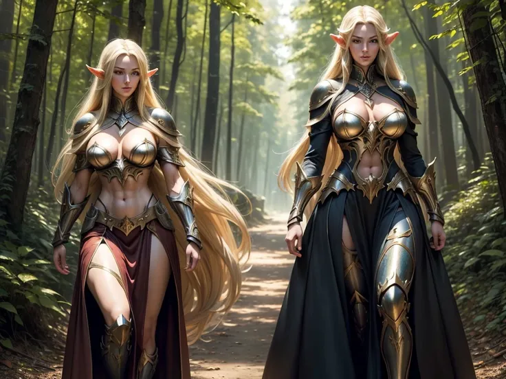 High elf mature, long dark dress, (perfect anatomy),(giant breasts 1.5), long blonde hair, abs muscle in the forest , Mecha