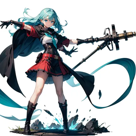 (Tabletop, Highest quality), (perfect athletic body: 1.2), (Thin Hair), Super Detailer, Anime Style, whole body, alone,Magical girl, Sea green twin hairstyles with blue eyes, Wearing a tattered black cloak and a black and red skirt, Wearing long boots, Bur...