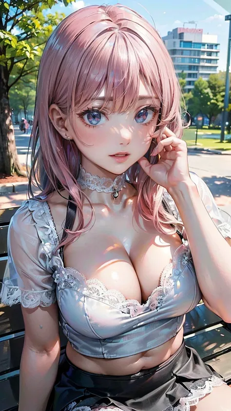 ((Highest quality, 8k, masterpiece :1.3)), (Sharp focus :1.2, Beautiful woman with perfect figure :1.4, Slim Abs), ((Big Breasts, Emphasize cleavage:1.2)), (Photorealistic:1.4), (realistic:1.4), (Pink Hair:1.5), Highly detailed face and skin texture, Fine ...