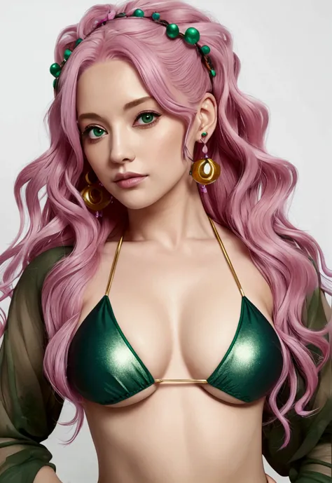 A 40-year-old woman with pink hair on top of her head, The undercoat is purple, Long Curly Hair, Green Eyes, Gold earrings, model bikini