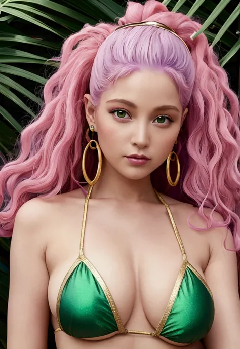 A 40-year-old woman with pink hair on top of her head, The undercoat is purple, Long Curly Hair, Green Eyes, Gold earrings, model bikini