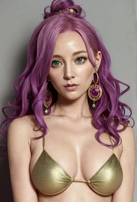 A 40-year-old woman with pink hair on top of her head, The undercoat is purple, Long Curly Hair, Green Eyes, Gold earrings, model bikini