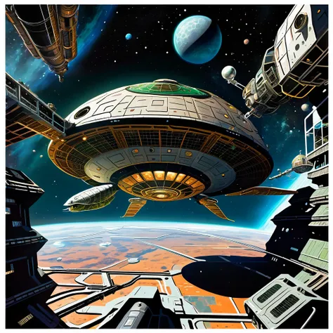 The scene is set in deep space. A huge, starshaped and sprawled spacestation can be seen. Closer to the viewer a clunky, grimy and rusty spaceship partly in the shape of a turtle is seen approaching the spacestation.