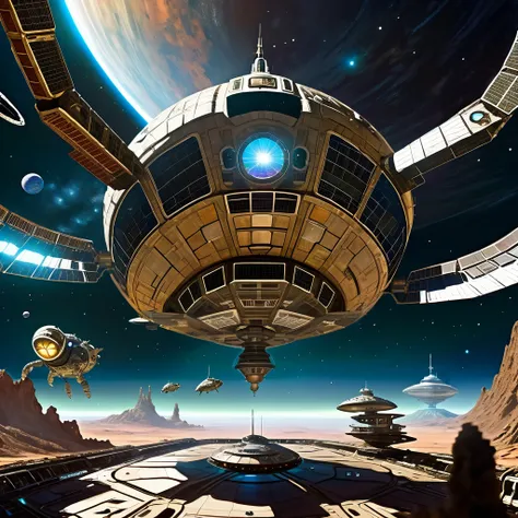 The scene is set in deep space. A huge, starshaped and sprawled spacestation can be seen. Closer to the viewer a clunky, grimy and rusty spaceship partly in the shape of a turtle is seen approaching the spacestation.