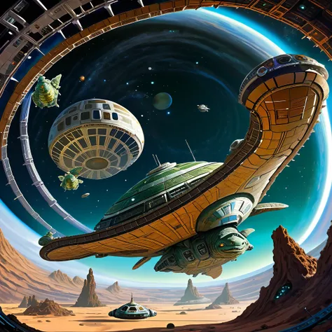 The scene is set in deep space. A huge, starshaped and sprawled spacestation can be seen. Closer to the viewer a clunky, grimy and rusty spaceship partly in the shape of a turtle is seen approaching the spacestation.