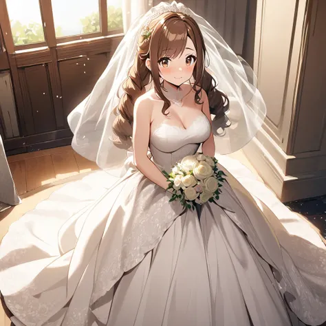 Solo, 1girl, Long Hair, brown hair, brown eyes, cute, mature, high detail, wedding dress, double plait hair