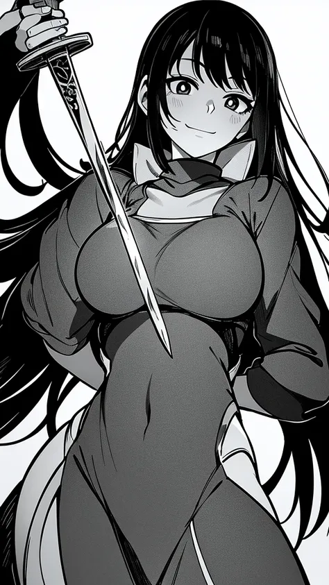 a beautiful women with sword mocking smile standing looking down, view from down black and white manga image