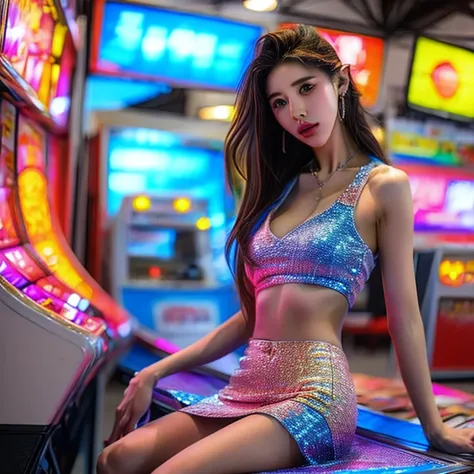 xuer Game girl playing pin ball machine, Sexy mini skirt, down blouse, Full of (Game machine),(Temperance in heaven, life and eternity, rainbow:1.4). (Full body shot:1.2),intricate,dark fantasy,ultra detailed,surrealism,weird,expression art,grand scale,epi...