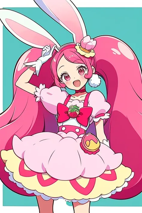 an anime cartoon girl dressed like the rabbit from the show charly with an outfit that consists of a pink dress and a big hat, 1...