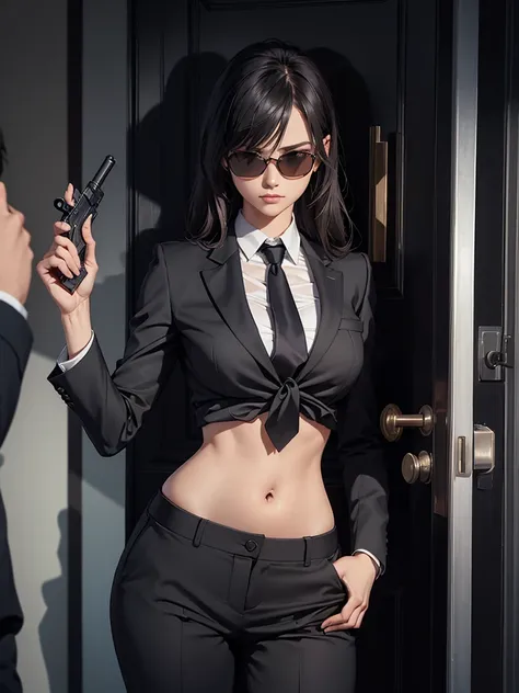 night time, Woman in professional crop top suit, trousers, Show belly, Realistic navel shape, necktie, black sun glasses, secret organization, holding pistol, knock on the door