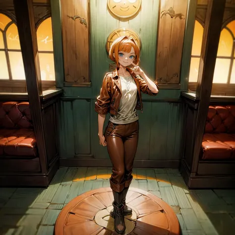 Background in the indoor room bar, Grassroots, one piece style art, Full body version, adult girl, orange hair, short bob hairstyle, brown leather jacket, long pants, boots, blue eyes, smiley face, standing gesture