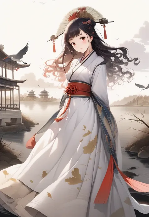 Beautiful dancers of ancient China,Delicate lines,Gorgeous costumes of ancient China,Delicate and vivid,Embarrassed face,Willow leaf eyebrows,Character Description,Curly Hair,Gold Leaf,Flowing Clouds,watercolor,Crane surroundings,Ink Painting,Kind eyes,Scr...