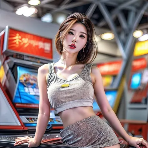 xuer Game girl playing, pin ball, mini skirt with visible crotch, Full of (Game machine),(pleasure in heaven, life and eternity). (Full body shot:1.2),intricate,ultra detailed,expression art,grand scale,epic,zoomed out,wide angle. (ExtremelyDetailed KAWAII...