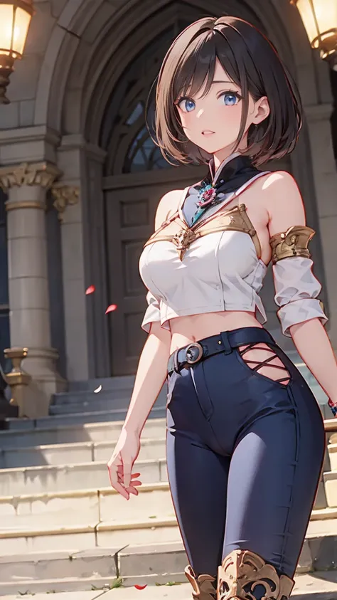 best quality, official art, masterpiece, textile shading, HDR, very detailed, colorful, best details, fantasy, battle suit:1.5,  1 female, 25 years old, black hair, short hair, up bang hair, one length, standing on stairs, a castle town with an old castle ...