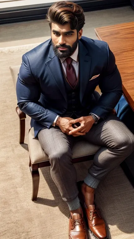 masterpiece, best quality, high resolution, full body portrait, male focus, half body focus, from above view, A indian man, 30 years old, with business suit, formal shoes and socks, sitting on chair with spread legs, brown hair, messy hairstyle, cute and s...