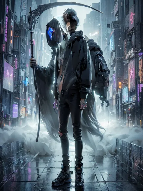 A mesmerizing, photorealistic masterpiece of a young man in a 3/4 angle view within a futuristic cybercity. The subject has shaggy, tied hair and a flat face with no expression, wearing a baggy hooded sweater, tight jeans, and worn black sneakers. Behind h...