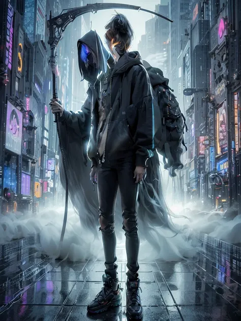 A mesmerizing, photorealistic masterpiece of a young man in a 3/4 angle view within a futuristic cybercity. The subject has shaggy, tied hair and a flat face with no expression, wearing a baggy hooded sweater, tight jeans, and worn black sneakers. Behind h...