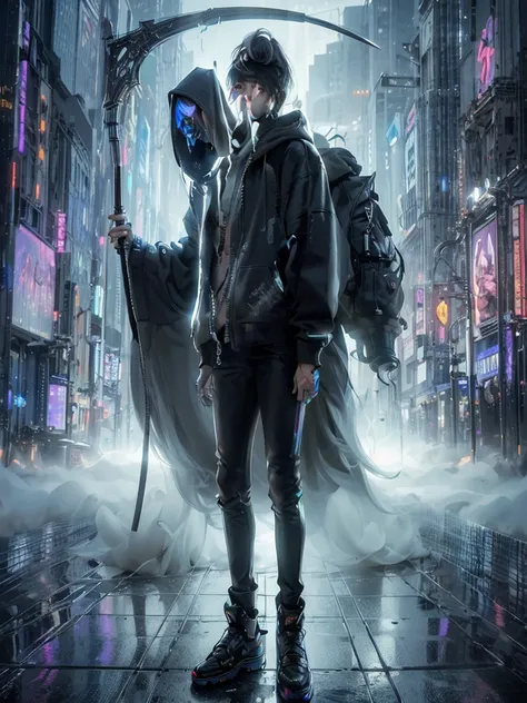 A mesmerizing, photorealistic masterpiece of a young man in a 3/4 angle view within a futuristic cybercity. The subject has shaggy, tied hair and a flat face with no expression, wearing a baggy hooded sweater, tight jeans, and worn black sneakers. Behind h...