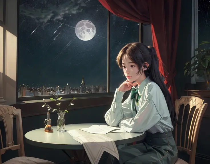 best quality image, work of art, ultra-high resolution, (Fidelity: 1.4), fot, a girl, Reading at the table, earbuds, in the window shows moon and stars