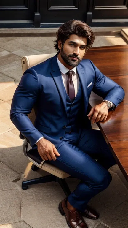 masterpiece, best quality, high resolution, full body portrait, male focus, half body focus, from above view, A indian man, 30 years old, with business suit, formal shoes and socks, sitting on chair with spread legs, brown hair, messy hairstyle, cute and s...