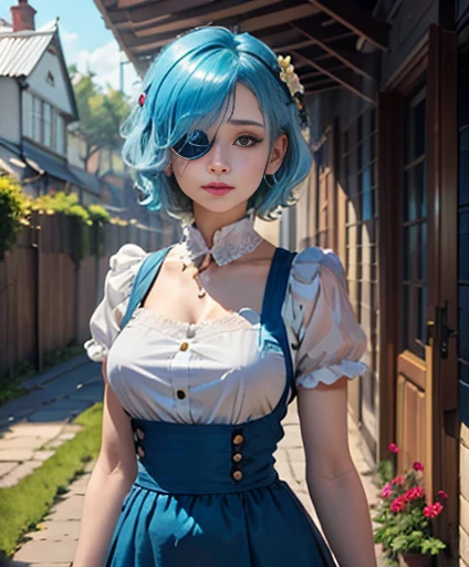 masterpiece, highest quality, super detailed, figure, epic lighting, cinematic composition, colorful, sharp:1.3, 1 girl, Againm_(Again:zero), medium bAgainasts, blue hair, short hair, (hair over one eye:1.3), eye_appear_through_hair, blue eye, rose-colored...