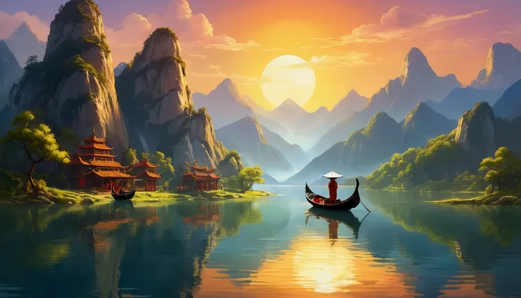 Drawing a boat on a lake with mountains and sun,Dreamy digital painting, Fantasy digital painting, Fantasy. Gondola boat, chinese style painting, Digital cartoon painting art, Shiny digital painting, Chinese painting style, Digital Fantasy painting, 8K res...