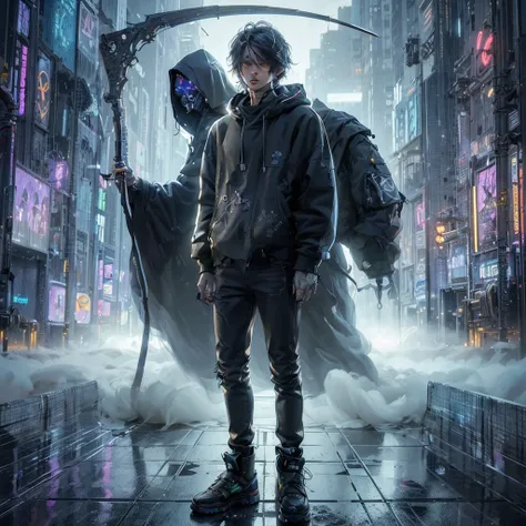 A mesmerizing, photorealistic masterpiece of a young man in a 3/4 angle view within a futuristic cybercity. The subject has shaggy, tied hair and a flat face with no expression, wearing a baggy hooded sweater, tight jeans, and worn black sneakers. Behind h...