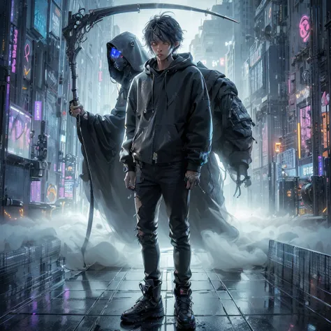 A mesmerizing, photorealistic masterpiece of a young man in a 3/4 angle view within a futuristic cybercity. The subject has shaggy, tied hair and a flat face with no expression, wearing a baggy hooded sweater, tight jeans, and worn black sneakers. Behind h...