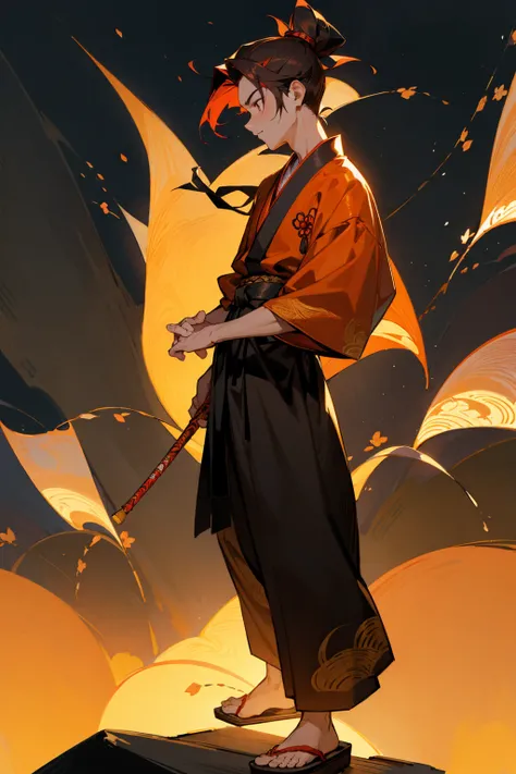 1male, dark auburn hair, styled in a sleek top knot, warm amber eyes, serene expression, traditional dark kimono with intricate lantern motifs embroidered in gold, loose-fitting black hakama pants, simple wooden sandals, a subtle red silk sash, enchanting ...