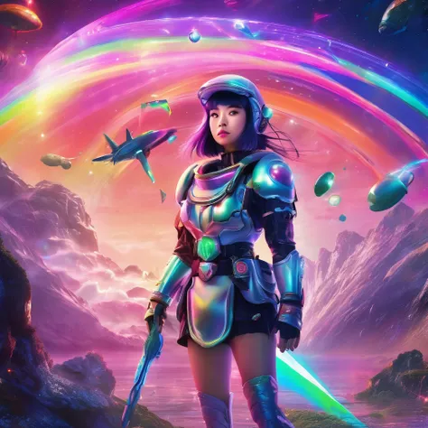 Cryptic Girl strikes an action pose wearing heart-themed combat armor, Her confused and frightened companion, Amy, is a Japanese woman in a sailor uniform.. Set on an alien world,Rainbow world atmosphere,Shining Northern Lights, Fascinating iridescent star...