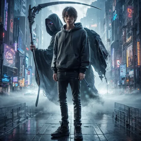 A mesmerizing, photorealistic masterpiece of a young man in a 3/4 angle view within a futuristic cybercity. The subject has shaggy, tied hair and a flat face with no expression, wearing a baggy hooded sweater, tight jeans, and worn black sneakers. Behind h...