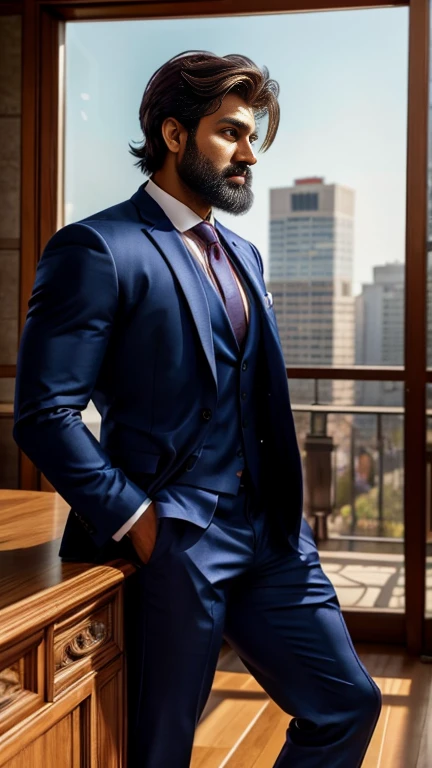 masterpiece, best quality, high resolution, full body portrait, male focus, half body focus, from side view, A indian man, 30 years old, with business suit, formal shoes and socks, standing with spread legs, brown hair, messy hairstyle, cute and seductive ...