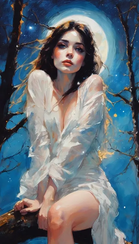 very sexy girl, {sitting on a high tree branch}, eroticism, sexy, powerful composition, emotional impact((from below)), magic, fantastic, night sky, moon, stars, background, alone, very beautiful, cute, adorable, embarrassed, alone, blue eyes , white skin,...