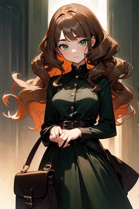 1female, chestnut brown hair, styled in voluminous, poofy curls, deep green eyes, confident expression, slim black dress with a fitted bodice and flowing skirt, oversized black belt with a large buckle, chunky silver bracelets, a large, slouchy black handb...