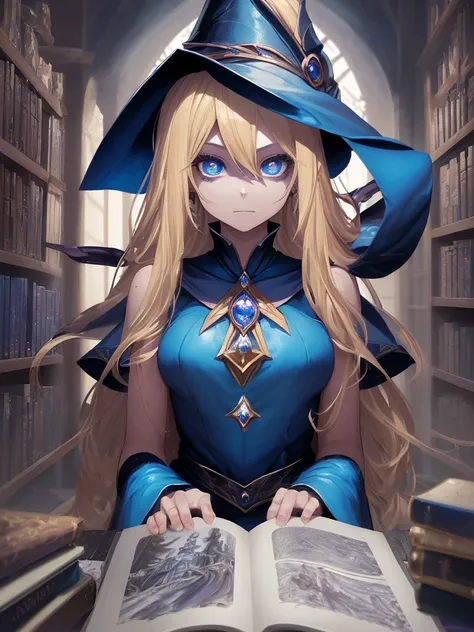 A dark magician girl in a stunning magical castle, casting a powerful spell under the moonlight, her long blonde hair flowing, wearing a blue wizard hat. She is surrounded by books and magic, with a sense of motion and depth of field. Highly detailed facia...