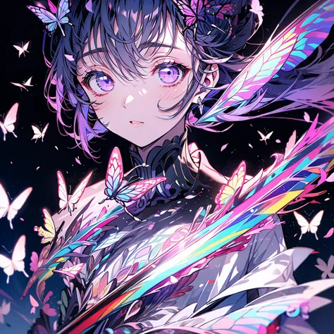 masterpiece、Kanao、Purple eyes、ponytail、Butterfly Hair Fastening、night、full moon、Butterflies fluttering