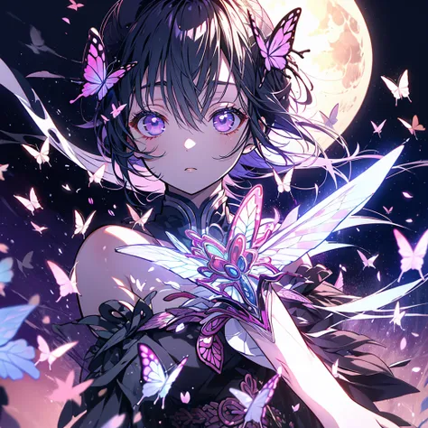 masterpiece、Kanao、Purple eyes、ponytail、Butterfly Hair Fastening、night、full moon、Butterflies fluttering