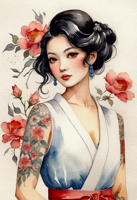 Simple watercolor painting, poster for, Taisho Romantic, picaresque, Retro, The tattoo, Full body, High Definition