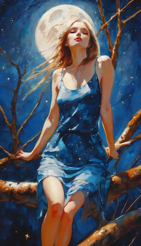 very sexy girl, {sitting on a high tree branch}, eroticism, sexy, powerful composition, emotional impact((from below)), magic, fantastic, night sky, moon, stars, background, alone, very beautiful, cute, adorable, embarrassed, alone, blue eyes , white skin,...