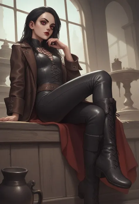 1 Vampire Girl, long, Wavy black hair, red eye, thin red lips, round face, perfect small breasts, wearing a dark leather jacket, dark leather tight pants, Pirate style boots, sitting on a coffin in the basement of an abandoned house